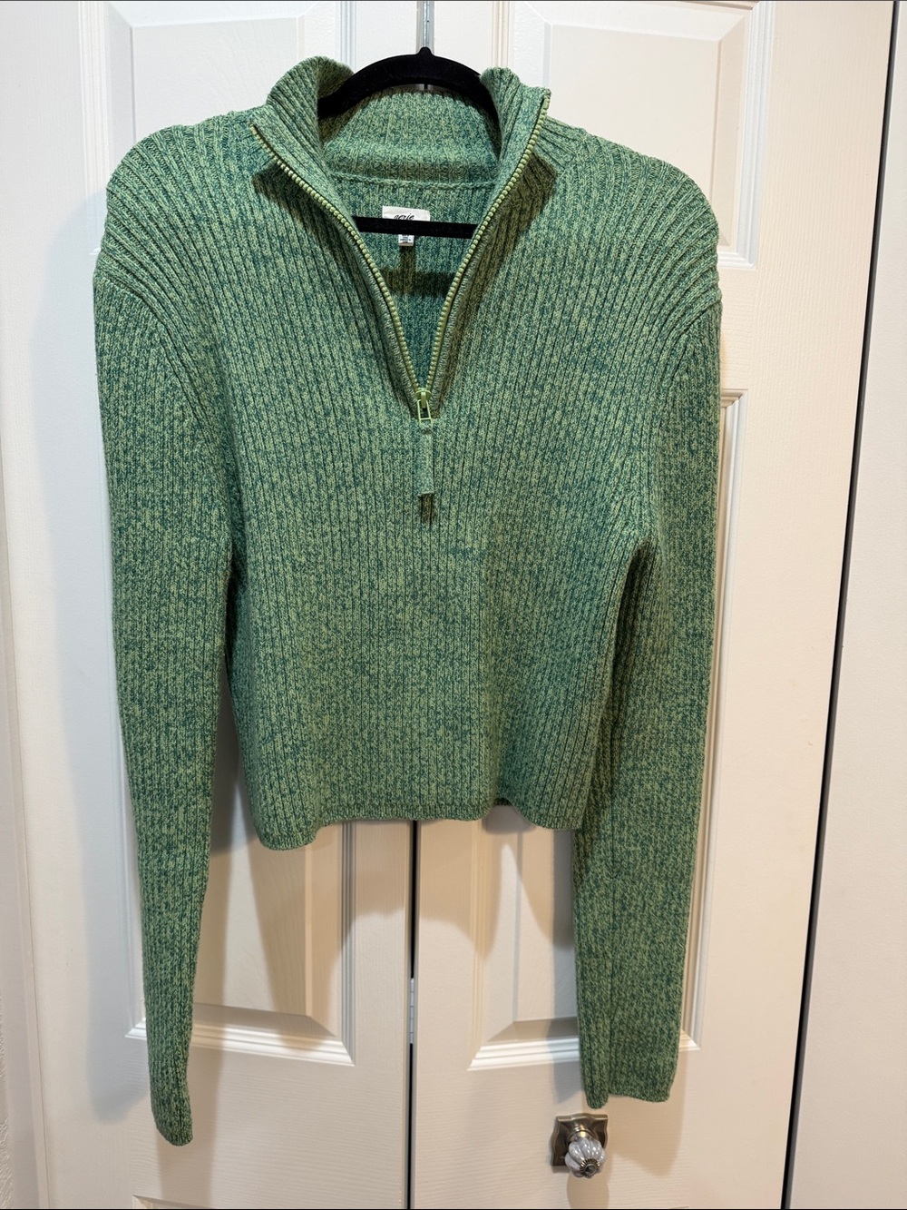 Aerie Women's Cropped Green Ribbed Mock Neck Quarter-Zip Sweater XL